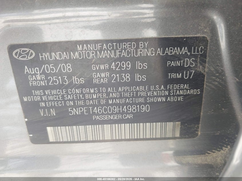 2009 Hyundai Sonata VIN 5NPET46C09H498190 IAAI salvage auction — NORMAL WEAR, Clear-Dealer Only (North Carolina), sold $1,000 on 2026-07-28 (photo 9)