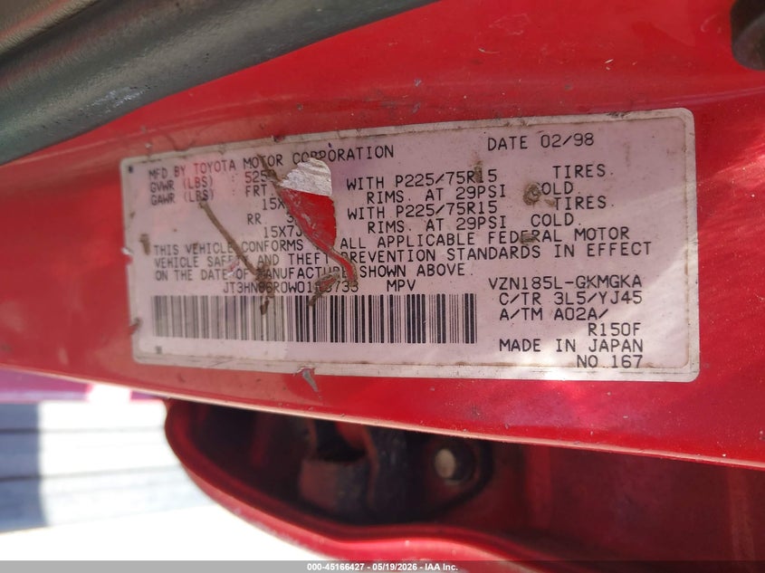 1998 Toyota 4runner VIN JT3HN86R0W0169733 IAAI salvage auction — NORMAL WEAR, Clear (Virginia), sold $1,850 on 2026-07-08 (photo 9)