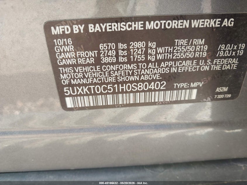 2017 BMW X5 VIN 5UXKT0C51H0S80402 IAAI salvage auction — NORMAL WEAR, Clear-Dealer Only (North Carolina), sold $3,700 on 2026-07-30 (photo 9)