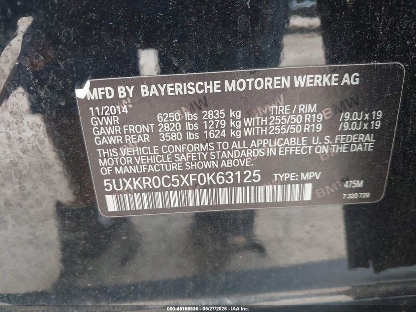 2015 BMW X5 VIN 5UXKR0C5XF0K63125 IAAI salvage auction — REAR END, Salvage Title, sold $5,200 on 2026-07-14 (photo 9)