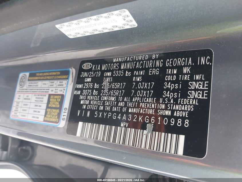 2019 Kia Sorento VIN 5XYPG4A32KG610988 IAAI salvage auction — NORMAL WEAR, Clear (Louisiana), sold $2,900 on 2026-07-17 (photo 9)