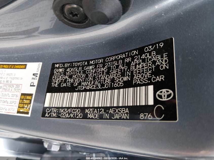 2020 Toyota Corolla VIN JTDP4RCE3LJ011605 IAAI salvage auction — LEFT FRONT, Salvage (Kentucky), sold $7,000 on 2026-07-10 (photo 9)