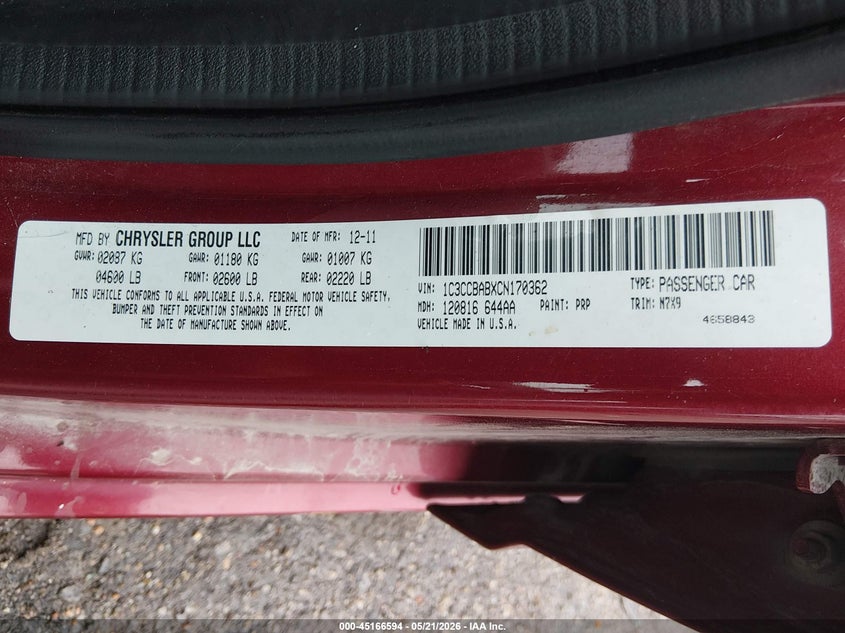 2012 Chrysler 200 VIN 1C3CCBABXCN170362 IAAI salvage auction — LEFT REAR, Salvage (Kansas), sold $25 on 2026-07-10 (photo 9)