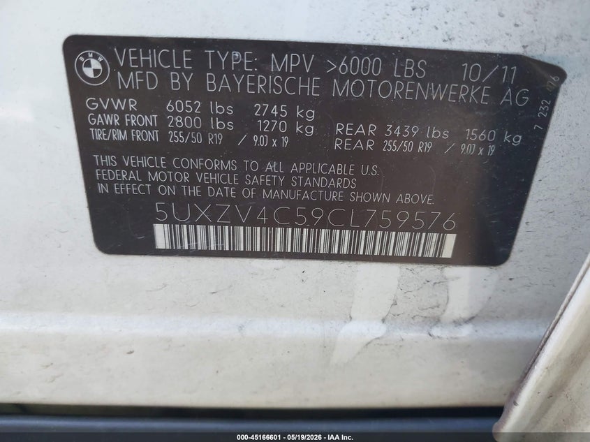 2012 BMW X5 VIN 5UXZV4C59CL759576 IAAI salvage auction — ELECTRICAL, Clear (Virginia), sold $475 on 2026-07-09 (photo 9)