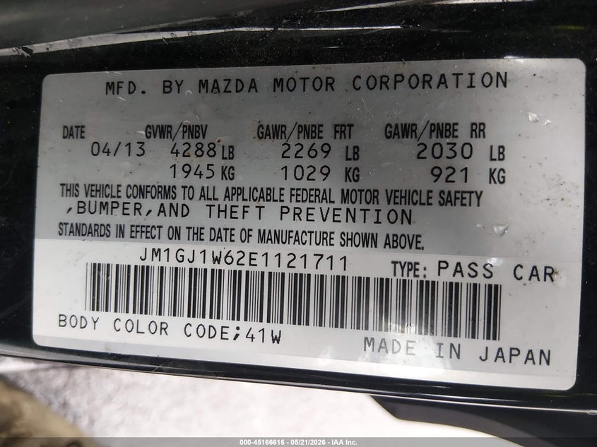 2014 Mazda 6 VIN JM1GJ1W62E1121711 IAAI salvage auction — FRONT END, Salvage (New Jersey), sold $950 on 2026-07-06 (photo 9)