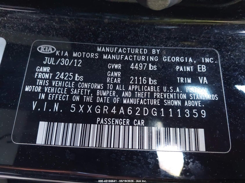 2013 Kia Optima VIN 5XXGR4A62DG111359 IAAI salvage auction — FRONT END, Clear (Virginia), sold $625 on 2026-07-31 (photo 9)