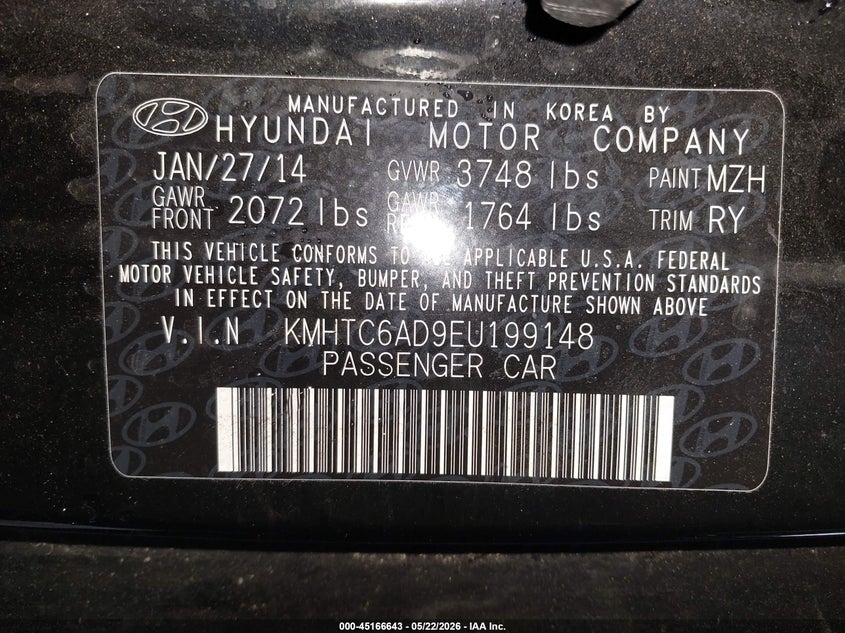 2014 Hyundai Veloster VIN KMHTC6AD9EU199148 IAAI salvage auction — FRONT END, Salvage (North Carolina), sold $375 on 2026-07-06 (photo 9)