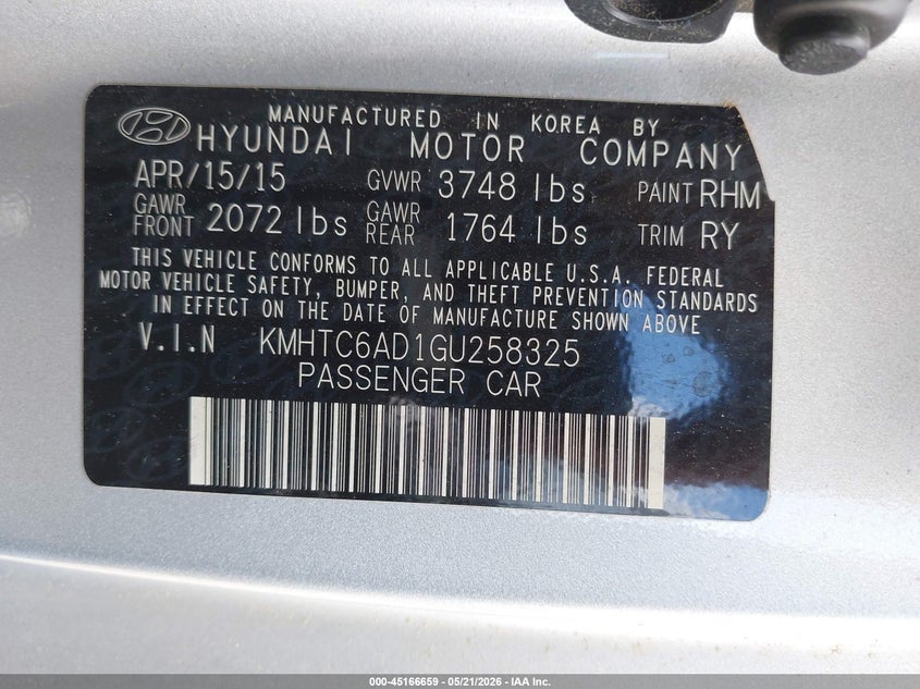 2016 Hyundai Veloster VIN KMHTC6AD1GU258325 IAAI salvage auction — HAIL, Clear (Missouri), sold $1,350 on 2026-07-06 (photo 9)