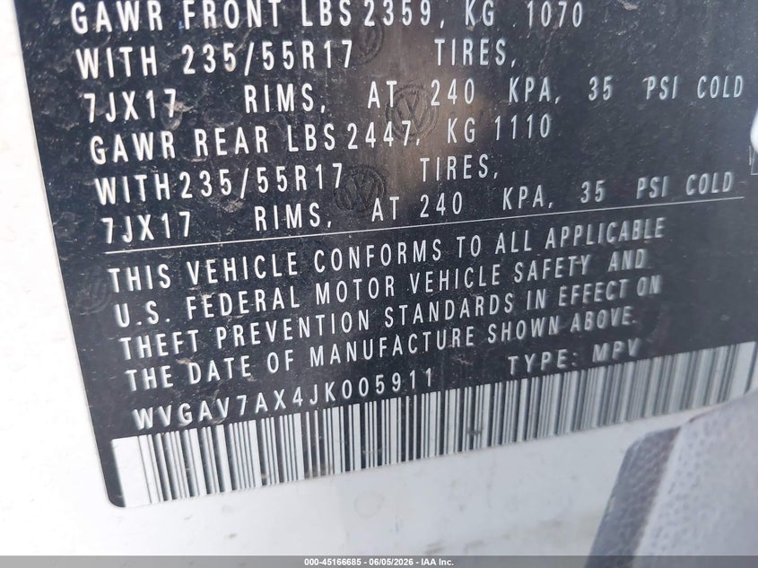 2018 Volkswagen Tiguan VIN WVGAV7AX4JK005911 IAAI salvage auction — FRONT END, Salvage (California), sold $225 on 2026-07-22 (photo 9)