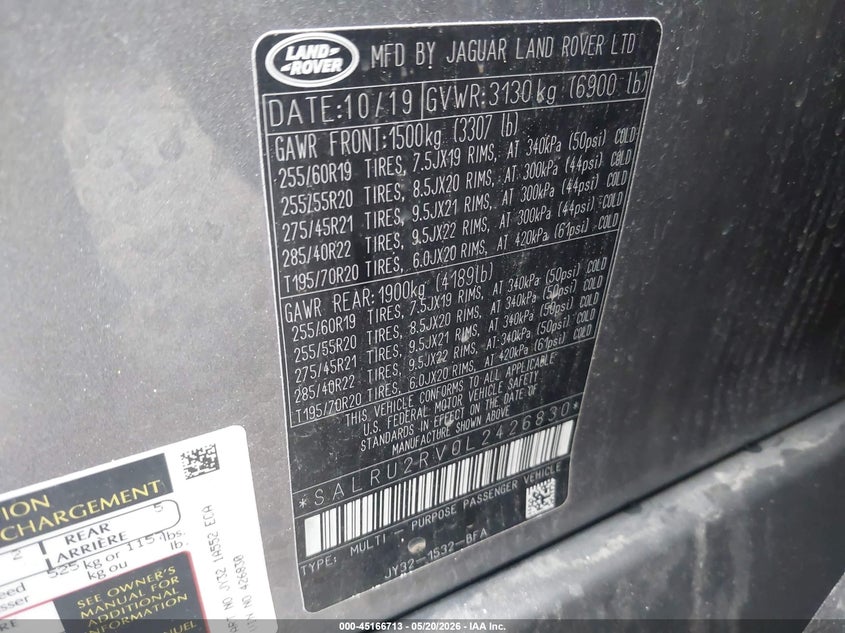 2020 Land rover Discovery VIN SALRU2RV0L2426830 IAAI salvage auction — LEFT REAR, Salvage (Indiana), sold $5,450 on 2026-07-22 (photo 9)
