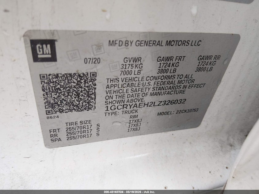 2020 Chevrolet Silverado 1500 VIN 1GCRYAEH2LZ326032 IAAI salvage auction — HAIL, Sf97 (Arkansas), sold $13,550 on 2026-07-09 (photo 9)