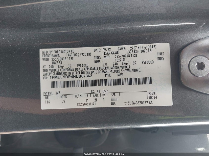 2022 Ford Bronco VIN 1FMEE5DP4NLB67362 IAAI salvage auction — FRONT END, Salvage (Indiana), sold $9,600 on 2026-07-25 (photo 9)