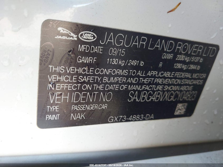 2016 Jaguar Xf VIN SAJBG4BVXGCY04823 IAAI salvage auction — LEFT FRONT, Salvage (Georgia), sold $1,050 on 2026-07-30 (photo 9)