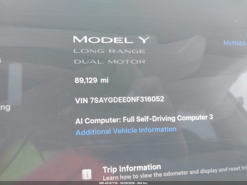 2022 Tesla Model y VIN 7SAYGDEE0NF316052 IAAI salvage auction — FRONT END, Salvage (Missouri), sold $5,200 on 2026-07-21 (photo 7)