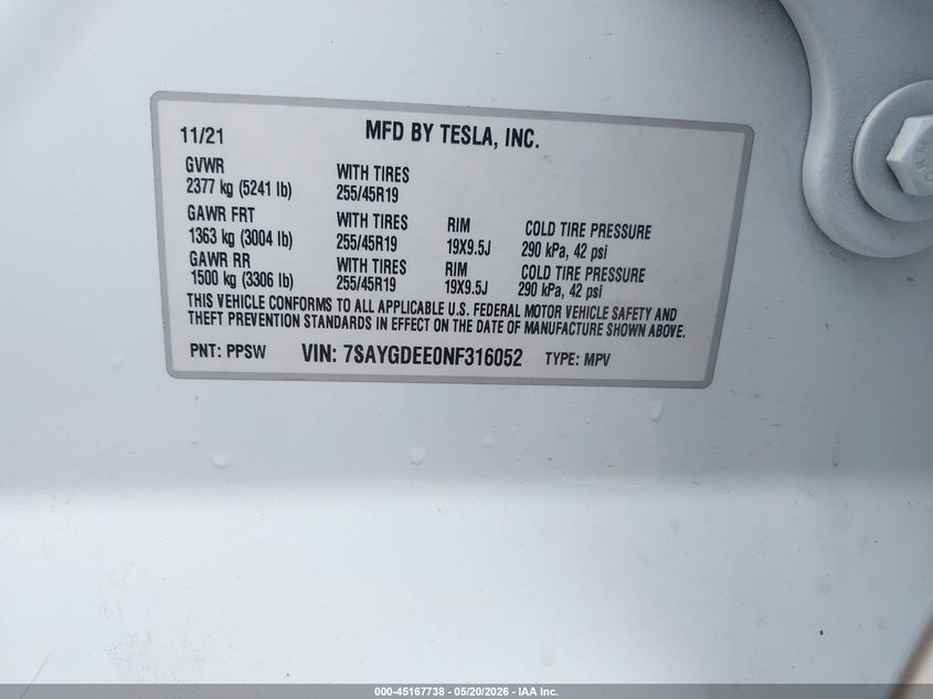 2022 Tesla Model y VIN 7SAYGDEE0NF316052 IAAI salvage auction — FRONT END, Salvage (Missouri), sold $5,200 on 2026-07-21 (photo 9)