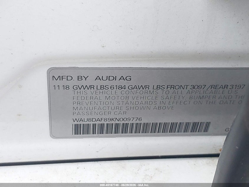 2019 Audi VIN WAU8DAF89KN009776 IAAI salvage auction — FRONT END, Salvage (Ohio), sold $13,750 on 2026-07-20 (photo 9)