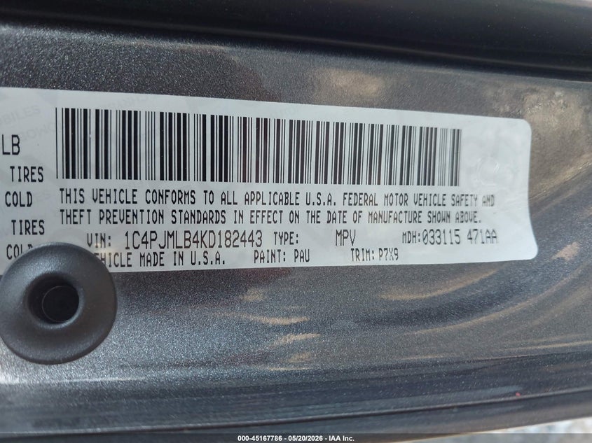 2019 Jeep Cherokee VIN 1C4PJMLB4KD182443 IAAI salvage auction — MECHANICAL, Salvage (New Jersey), sold $475 on 2026-08-14 (photo 9)