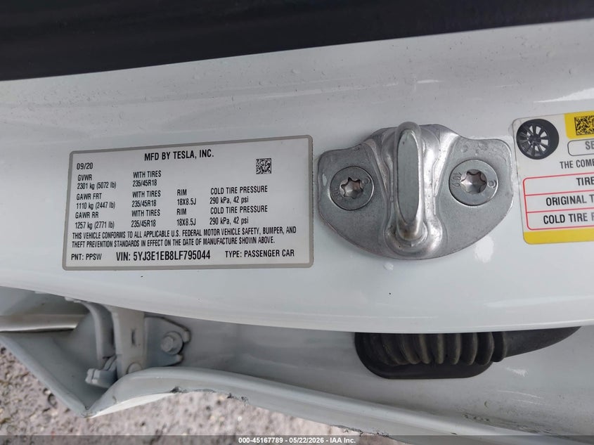 2020 Tesla Model 3 VIN 5YJ3E1EB8LF795044 IAAI salvage auction — UNKNOWN, Wait Title, sold $7,400 on 2026-08-31 (photo 9)