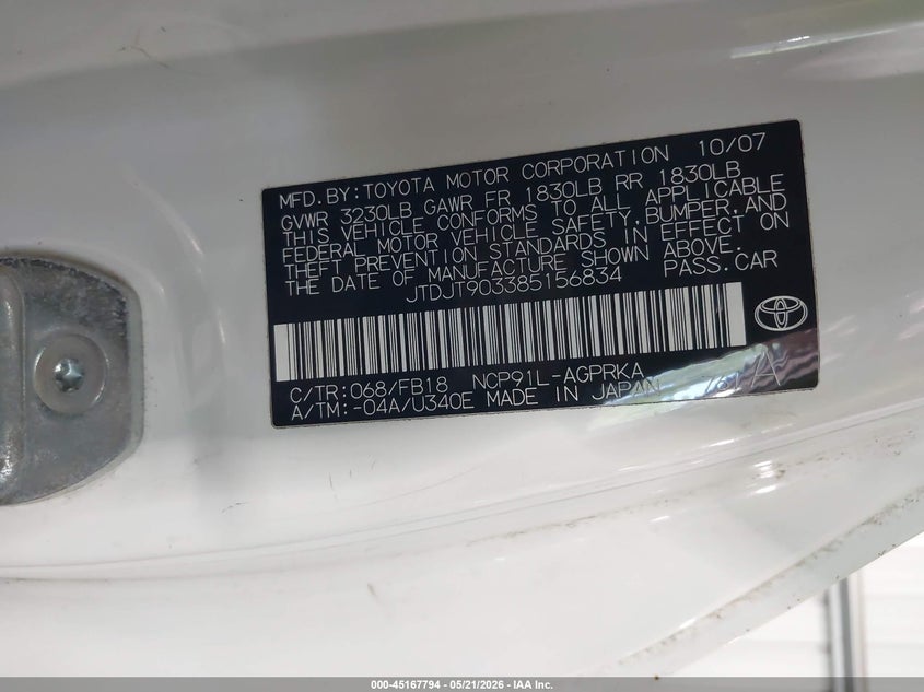 2008 Toyota Yaris VIN JTDJT903385156834 IAAI salvage auction — FRONT END, Clear (Virginia), sold $600 on 2026-07-23 (photo 9)