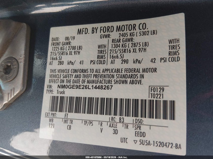 2020 Ford Transit VIN NM0GE9E26L1448267 IAAI salvage auction — LEFT REAR, Sf97 (New Mexico), sold $12,000 on 2026-07-08 (photo 9)