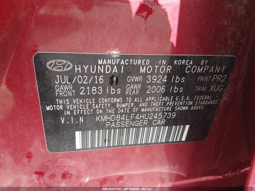 2017 Hyundai Elantra VIN KMHD84LF4HU245739 IAAI salvage auction — FRONT END, Clear (Indiana), sold $1,200 on 2026-07-22 (photo 9)