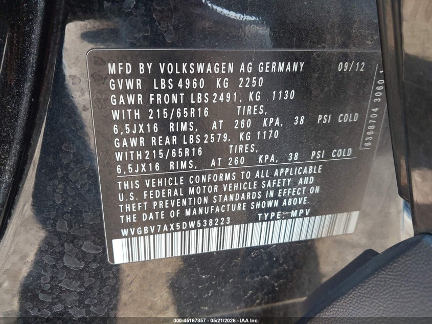 2013 Volkswagen Tiguan VIN WVGBV7AX5DW538223 IAAI salvage auction — FRONT END, Salvage (Indiana), sold $300 on 2026-07-28 (photo 9)