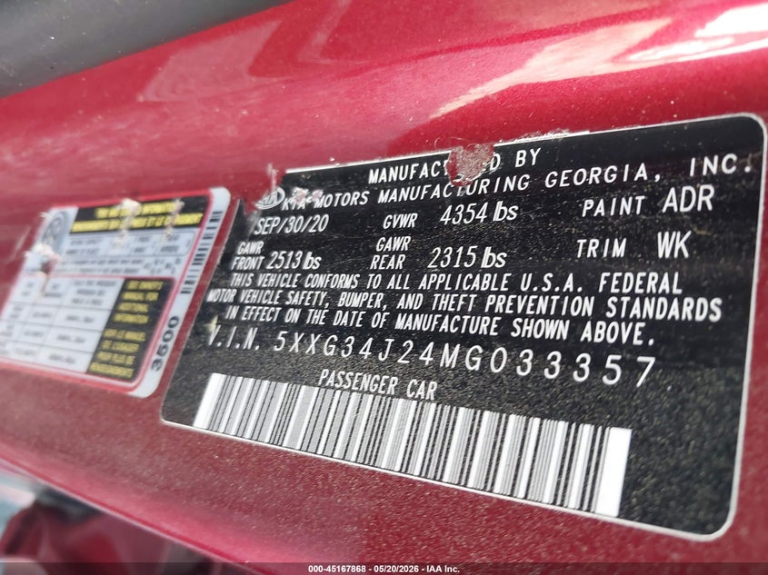 2021 Kia K5 VIN 5XXG34J24MG033357 IAAI salvage auction — FRONT END, Clear (Georgia), sold $650 on 2026-07-13 (photo 9)