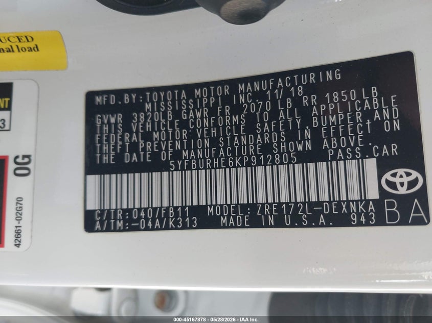 2019 Toyota Corolla VIN 5YFBURHE6KP912805 IAAI salvage auction — FRONT & REAR, Salvage (Texas), sold $2,450 on 2026-07-08 (photo 9)
