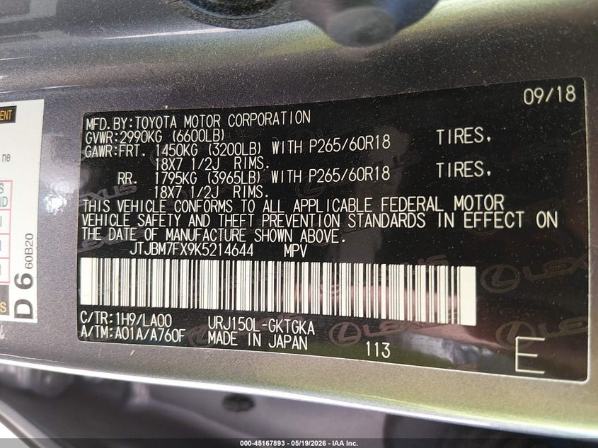 2019 Lexus Gx VIN JTJBM7FX9K5214644 IAAI salvage auction — FRONT END, Salvage (Georgia), sold $10,300 on 2026-07-30 (photo 9)