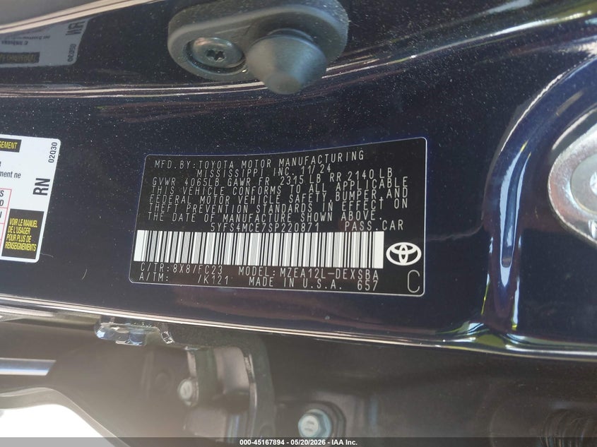 2025 Toyota Corolla VIN 5YFS4MCE7SP220871 IAAI salvage auction — RIGHT SIDE, Salvage (North Carolina), sold $7,150 on 2026-07-09 (photo 9)
