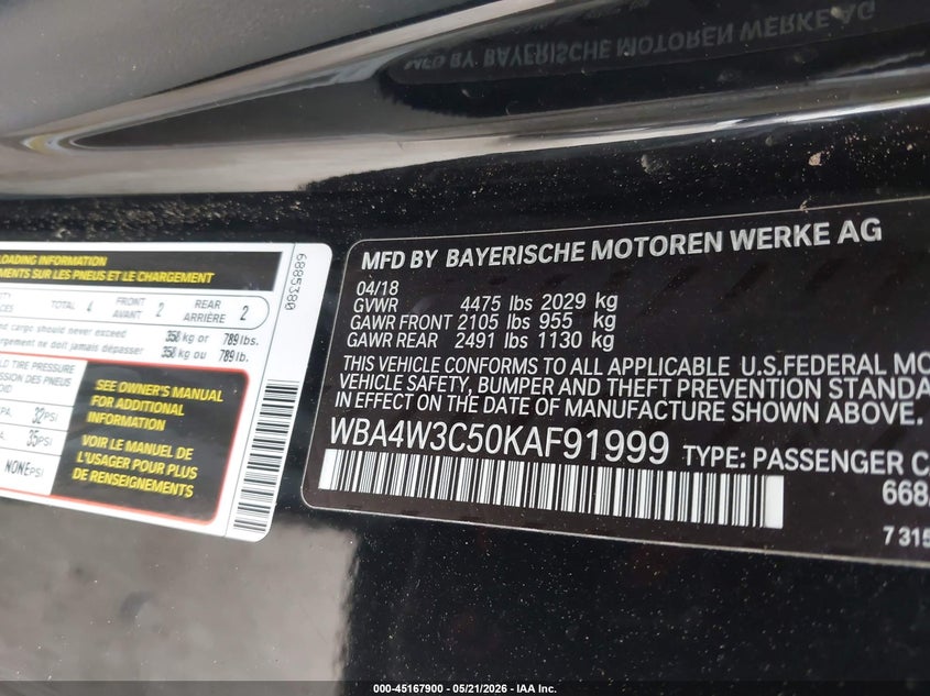 2019 BMW 4er VIN WBA4W3C50KAF91999 IAAI salvage auction — REAR END, Original (Texas), sold $9,000 on 2026-08-19 (photo 9)
