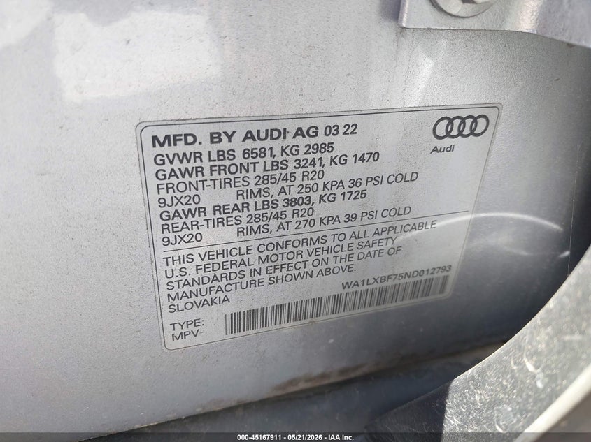 2022 Audi Q7 VIN WA1LXBF75ND012793 IAAI salvage auction — FRONT END, Salvage (North Carolina), sold $9,975 on 2026-07-16 (photo 9)