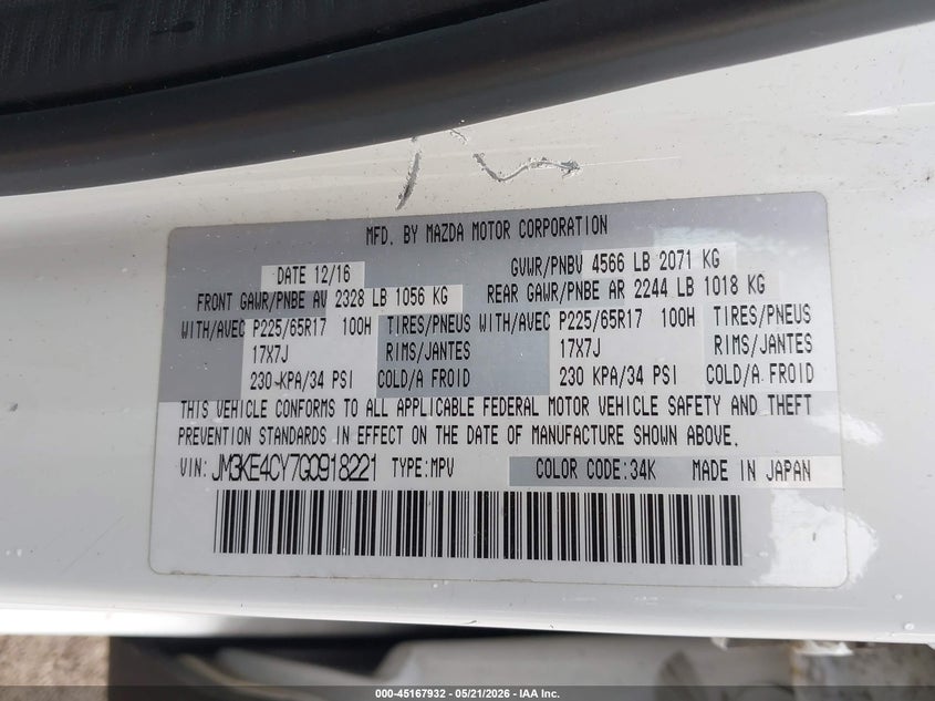 2016 Mazda Cx-5 VIN JM3KE4CY7G0918221 IAAI salvage auction — ROLLOVER, Clear (Indiana), sold $600 on 2026-07-22 (photo 9)