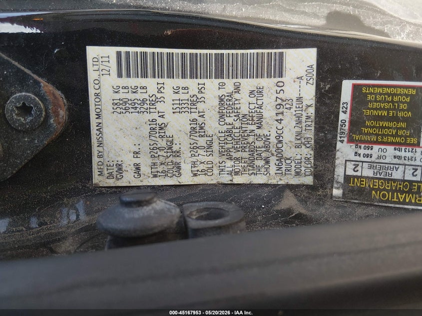 2012 Nissan Navara (frontier) VIN 1N6AD0CW9CC419750 IAAI salvage auction — FRONT END, Salvage (Maine), sold $2,150 on 2026-07-09 (photo 9)
