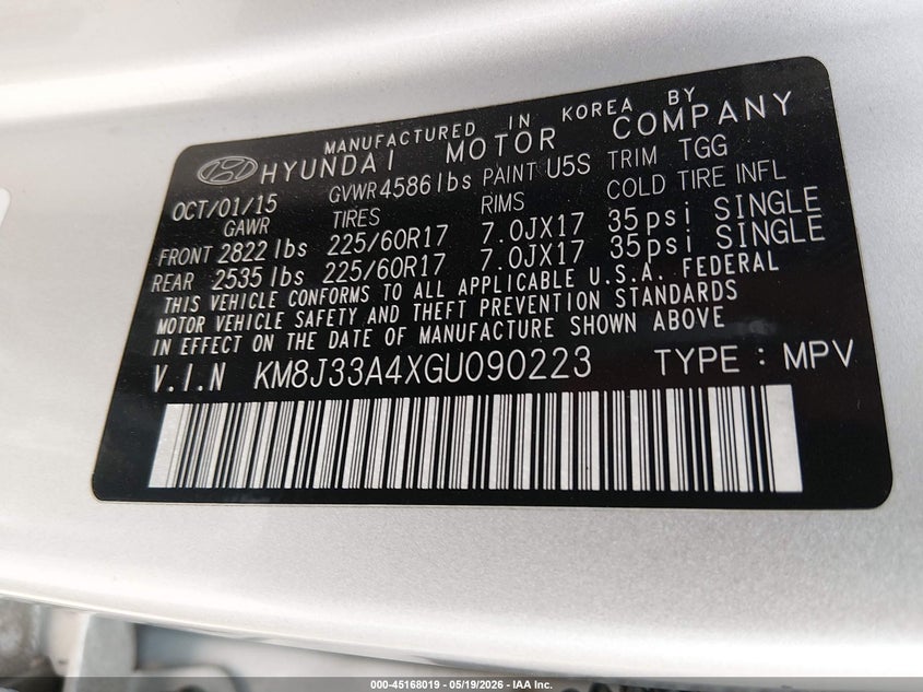 2016 Hyundai Tucson VIN KM8J33A4XGU090223 IAAI salvage auction — RIGHT FRONT, Salvage (California), sold $1,350 on 2026-07-30 (photo 9)