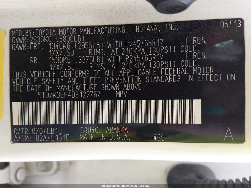 2013 Toyota Highlander VIN 5TDZK3EH4DS122767 IAAI salvage auction — HAIL, Clear (Missouri), sold $2,725 on 2026-07-20 (photo 9)