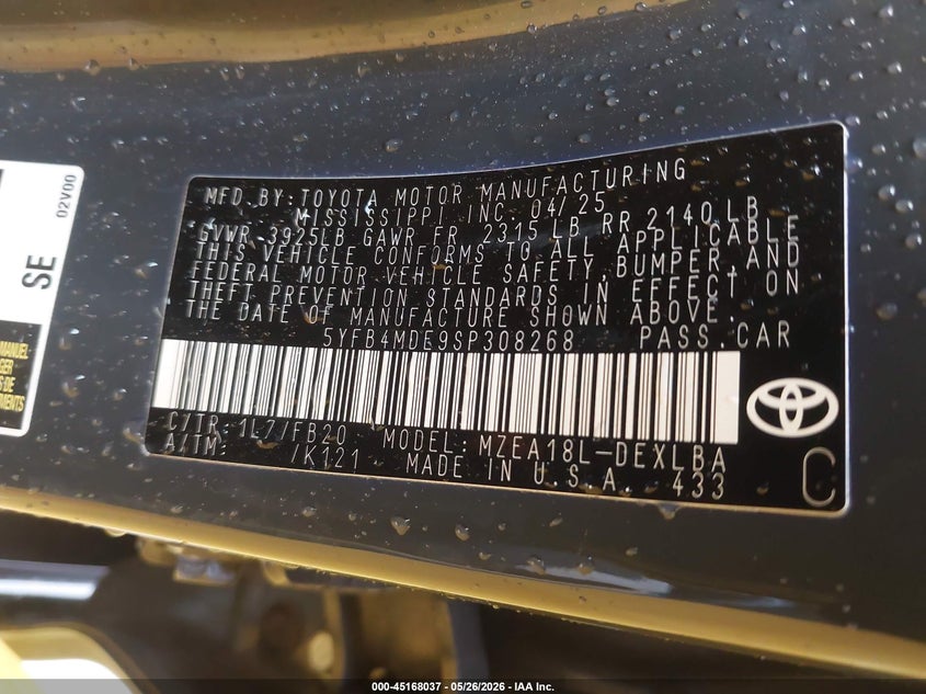 2025 Toyota Corolla VIN 5YFB4MDE9SP308268 IAAI salvage auction — UNKNOWN, Enterprise Vehicles Clear Only (Texas), sold $11,175 on 2026-07-14 (photo 9)