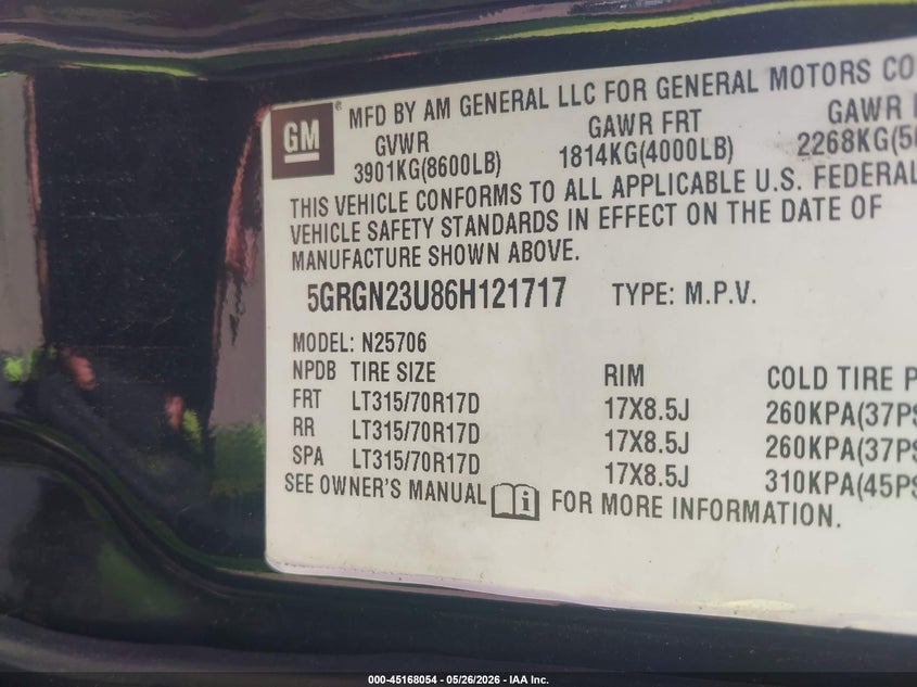 2006 Hummer H2 VIN 5GRGN23U86H121717 IAAI salvage auction — NORMAL WEAR, Clear (Michigan), sold $2,150 on 2026-07-09 (photo 9)