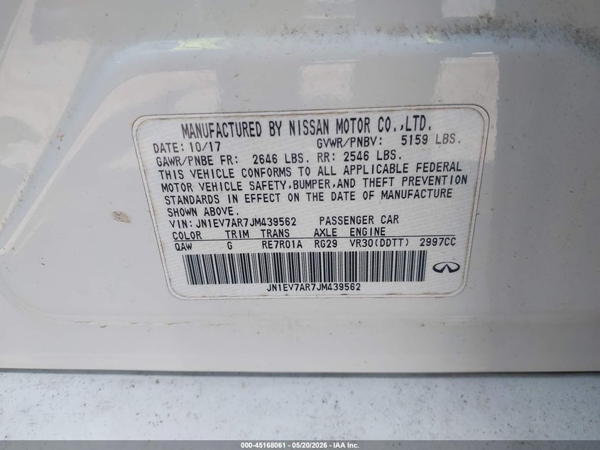 2018 Infiniti Q50 VIN JN1EV7AR7JM439562 IAAI salvage auction — FRONT END, Salvage (Georgia), sold $1,850 on 2026-07-29 (photo 9)