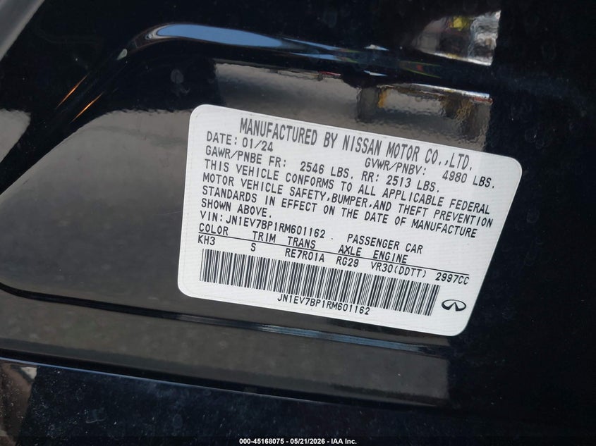 2024 Infiniti Q50 VIN JN1EV7BP1RM601162 IAAI salvage auction — FRONT END, Rebuildable (Florida), sold $7,175 on 2026-07-15 (photo 9)