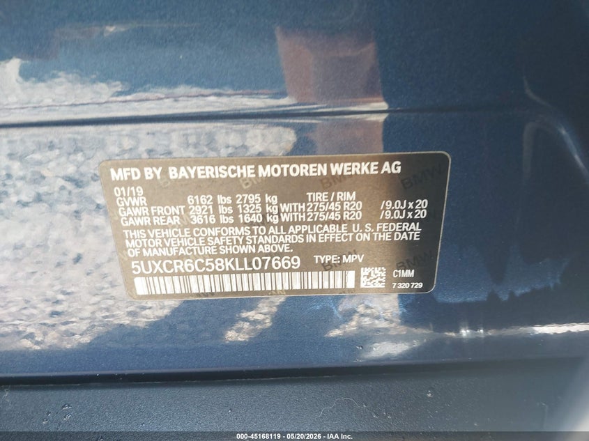 2019 BMW X5 VIN 5UXCR6C58KLL07669 IAAI salvage auction — FRONT END, Salvage (Georgia), sold $16,100 on 2026-07-09 (photo 9)