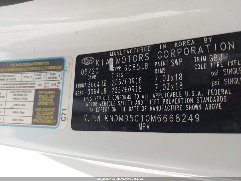 2021 Kia SEDONA VIN KNDMB5C10M6668249 IAAI salvage auction — FRONT END, Salvage (Texas), sold $1,950 on 2026-07-28 (photo 9)