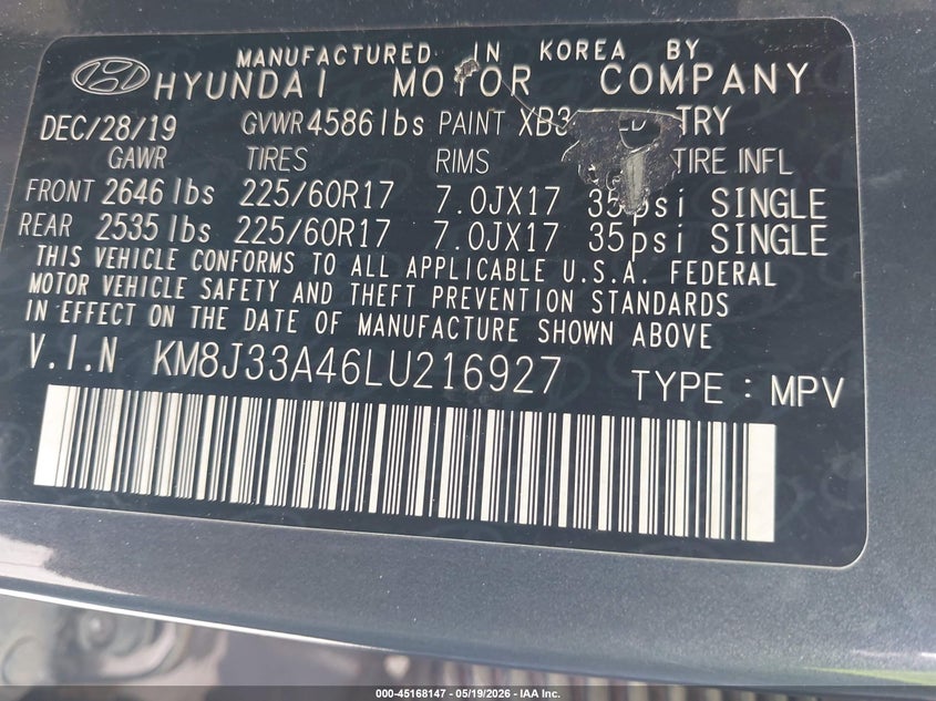 2020 Hyundai Tucson VIN KM8J33A46LU216927 IAAI salvage auction — REAR END, Original (Texas), sold $5,100 on 2026-07-20 (photo 9)