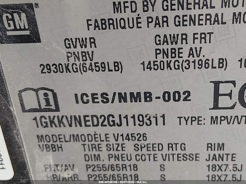 2016 Gmc Acadia VIN 1GKKVNED2GJ119311 IAAI salvage auction — REAR END, Salvage Title, sold $1,300 on 2026-07-22 (photo 9)