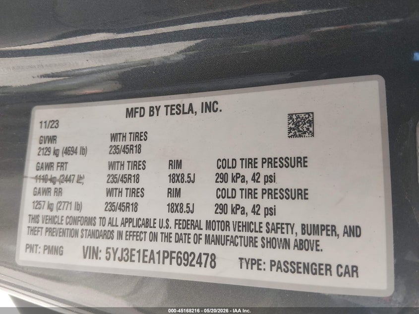 2023 Tesla Model 3 VIN 5YJ3E1EA1PF692478 IAAI salvage auction — FRONT END, Salvage (New Jersey), sold $7,800 on 2026-07-30 (photo 9)