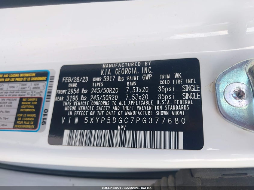 2023 Kia Telluride VIN 5XYP5DGC7PG377680 IAAI salvage auction — FRONT END, Original (Texas), sold $10,300 on 2026-07-29 (photo 9)
