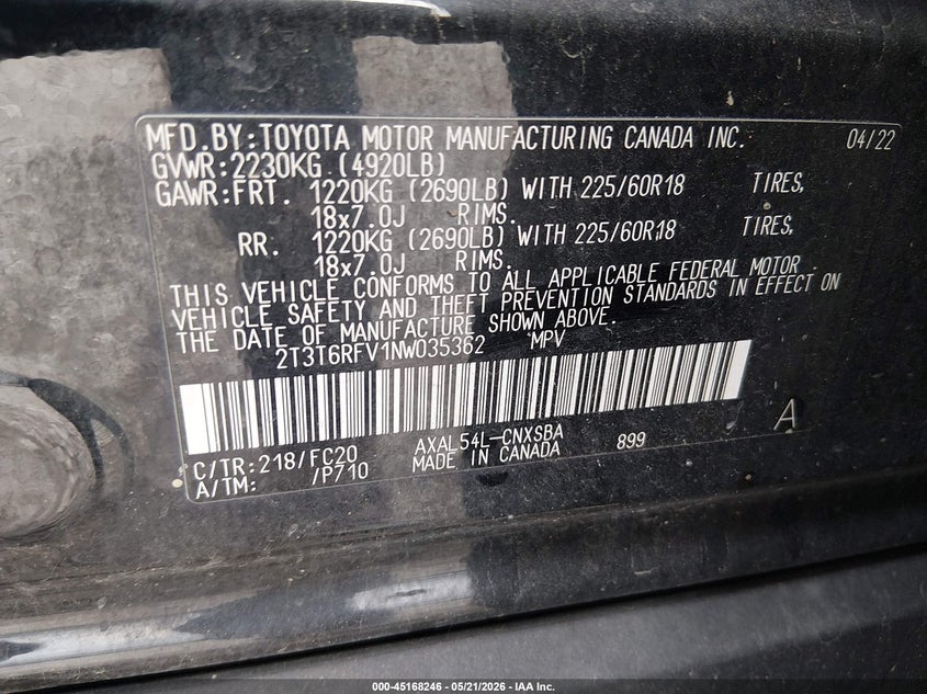 2022 Toyota Rav 4 VIN 2T3T6RFV1NW035362 IAAI salvage auction — FRONT END, Salvage (Kentucky), sold $11,100 on 2026-07-24 (photo 9)