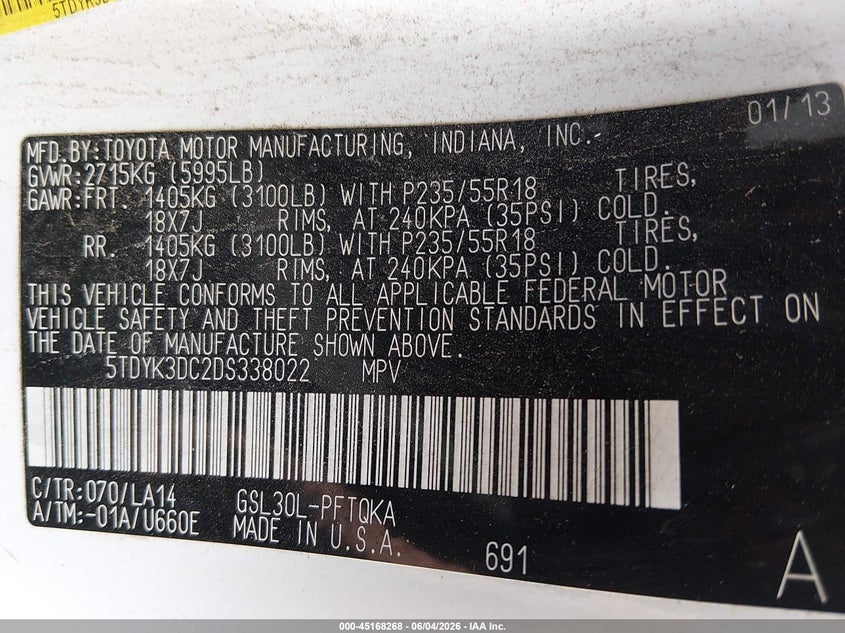 2013 Toyota Sienna VIN 5TDYK3DC2DS338022 IAAI salvage auction — FRONT END, Salvage Title, sold $2,400 on 2026-07-17 (photo 9)
