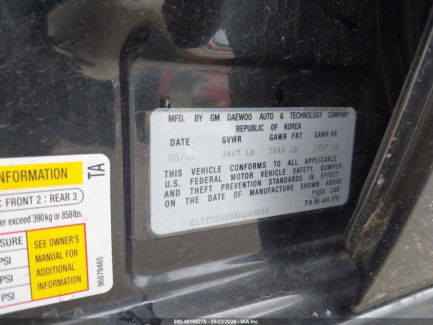 2008 Chevrolet Aveo VIN KL1TD56658B240016 IAAI salvage auction — ENGINE BURN, Junk (Missouri), sold $150 on 2026-07-07 (photo 9)