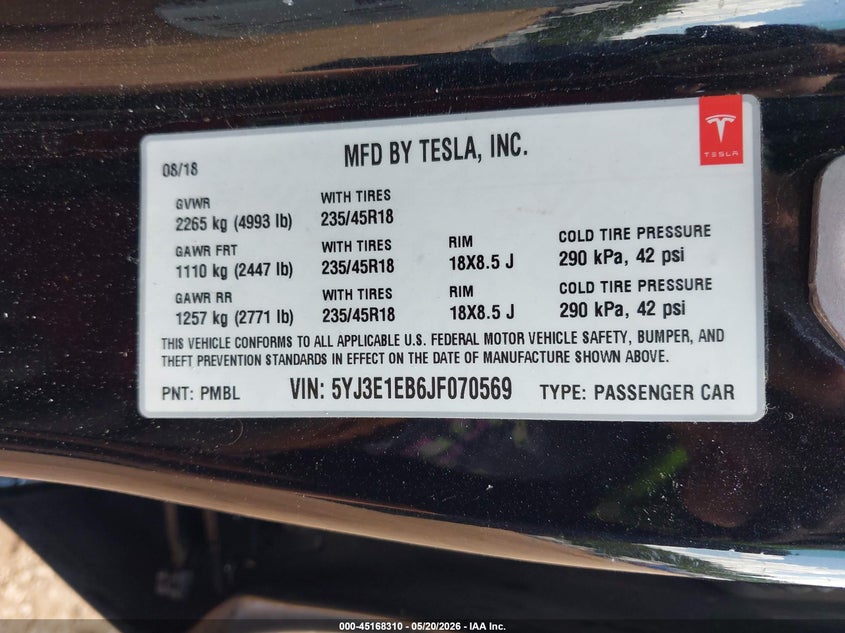 2018 Tesla Model 3 VIN 5YJ3E1EB6JF070569 IAAI salvage auction — FRONT & REAR, Salvage (Alabama), sold $5,200 on 2026-07-30 (photo 9)